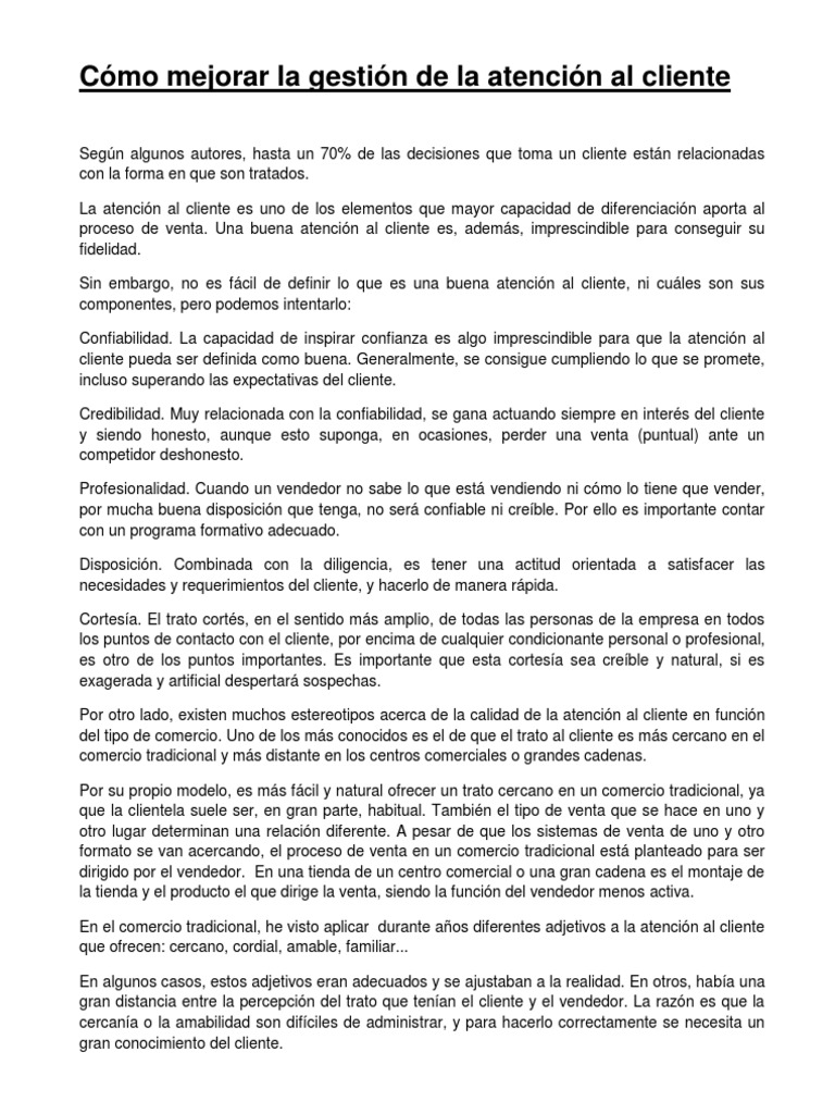 Cómo Mejorar La Gestión de La Atención Al Cliente | PDF | Servicio al ...