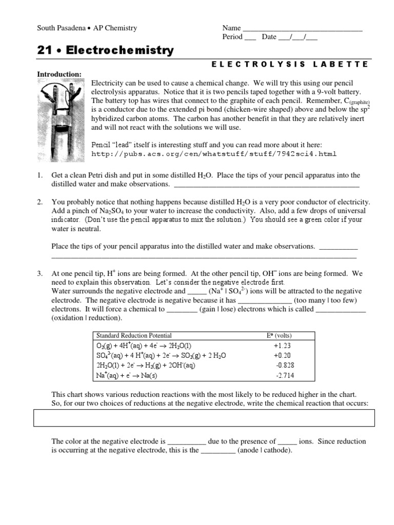 AP Chem Electrolysis Lab PDF Redox Electrochemistry