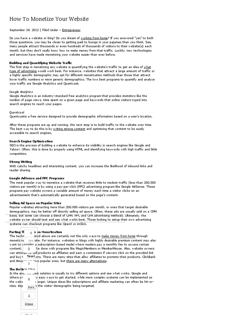 Monetize Your Website: A 2012 Guide | PDF | Search Engine Optimization ...
