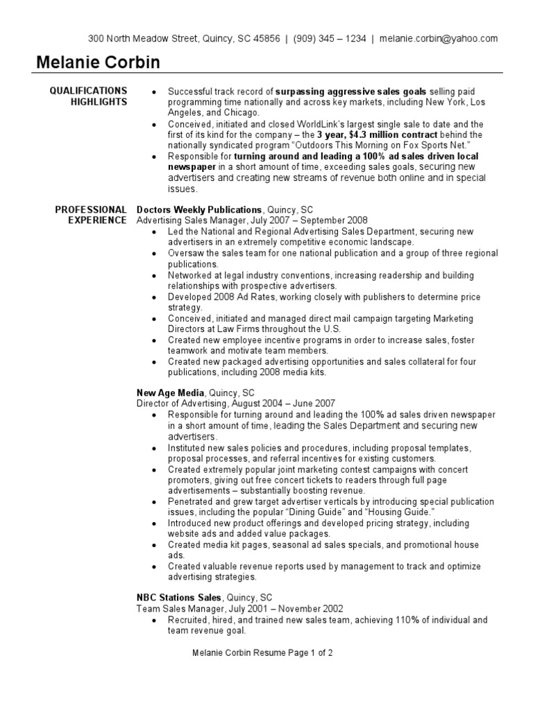 Advertising Sales Manager Resume Sample | PDF | Advertising | Sales