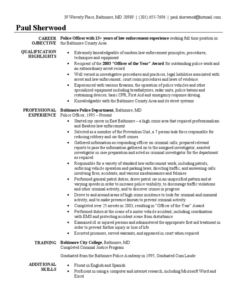 objective for resume examples police