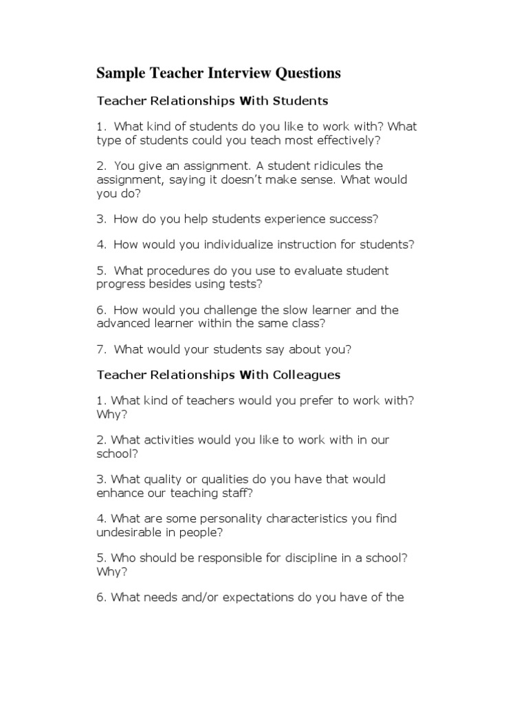 Sample Teacher Interview Questions English As A Second Or Foreign Language Teachers