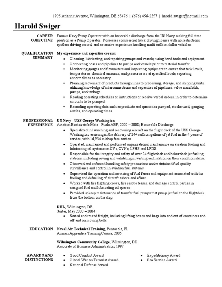 Pump Operator Resume Sample Pdf United States Navy Flight Deck
