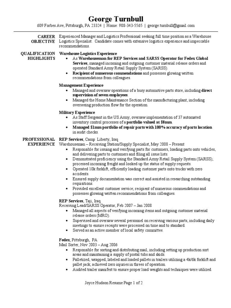 resume Logistics Resume Samples warehouse logistics specialist resume sample warehouse