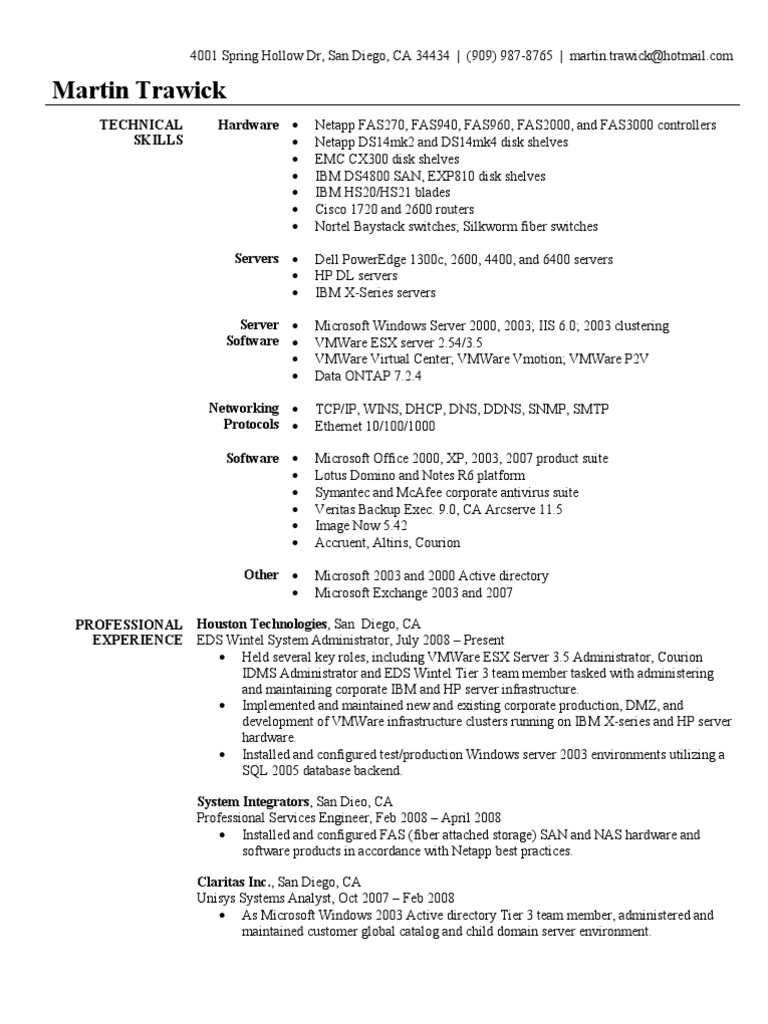 resume System Admin Resume system administrator resume sample v mware active directory
