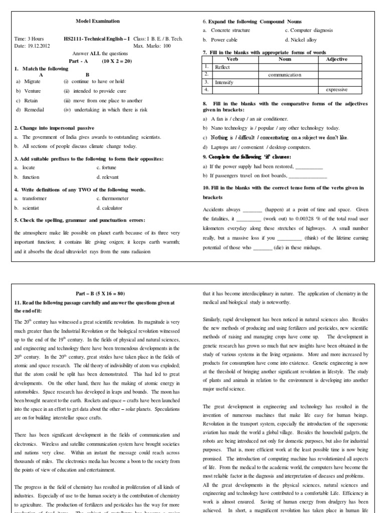 Technical English - I Model Question | PDF | Outer Space | Science