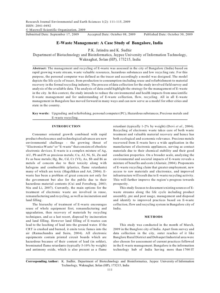 E Waste Management A Case Study Of Bangalore India Pdf Electronic