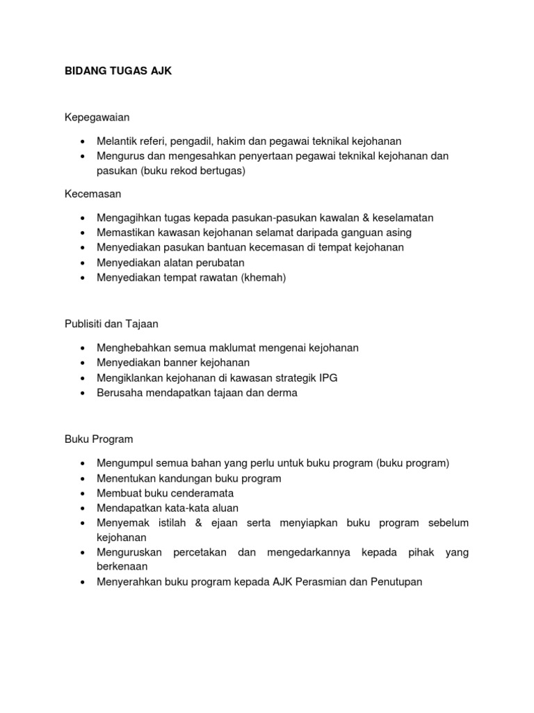 Bidang Tugas Ajk Kejohanan Olahraga Pdf