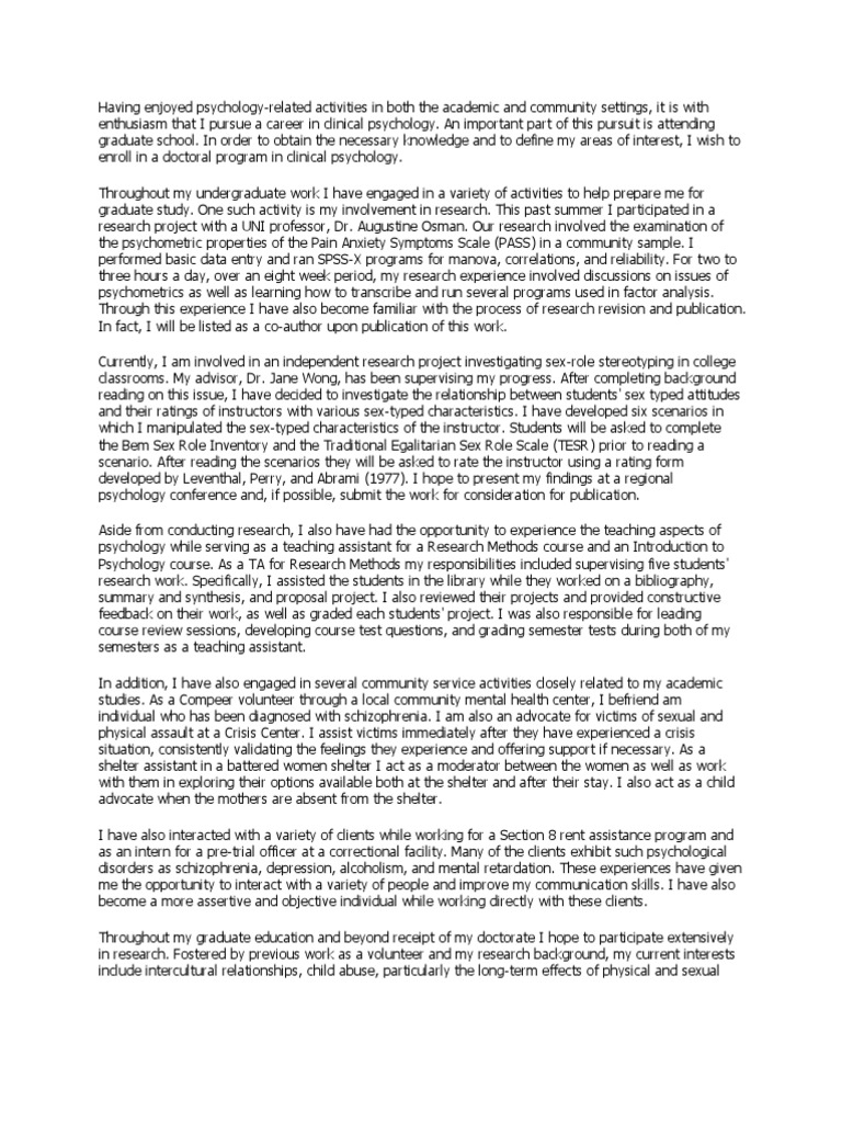 Personal Statement Sample Clinical Psychology