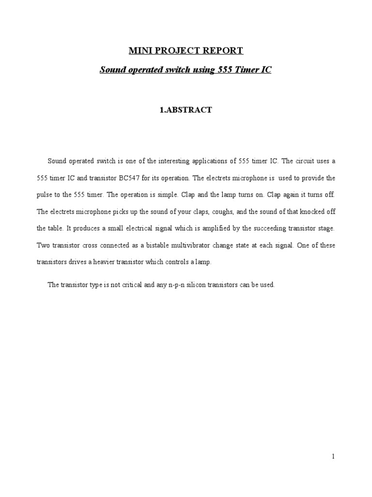 Mini Project Reportsound Operated Switch Using 555 Timer Ic Bipolar Junction Transistor Capacitor