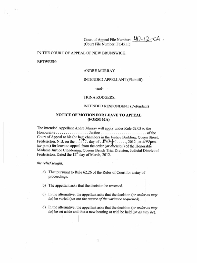 April 5, 2012, Motion For Leave To Appeal FORM 62A. Court of Appeal