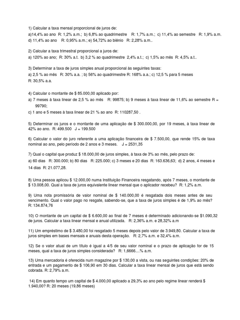 Exercícios de Juros Simples Resolvidos | PDF | Juros | Balancete