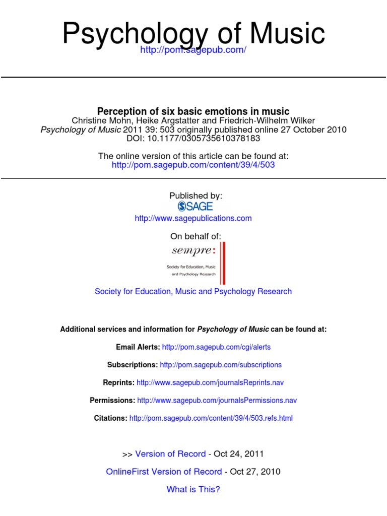 Perception Of Six Basic Emotions In Music Pdf Extraversion And