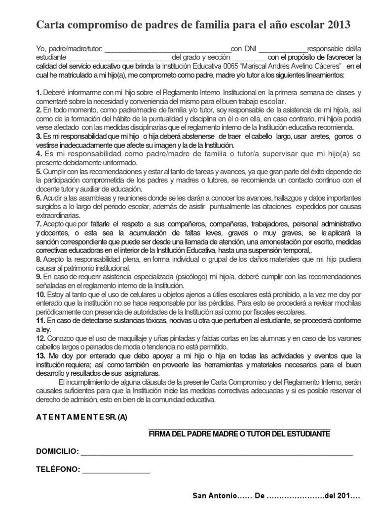 Carta Compromiso de Padres de Familia para El Año Escolar | PDF