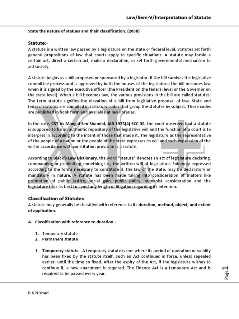 Statute and Types of Statutes Repeal Codification (Law)