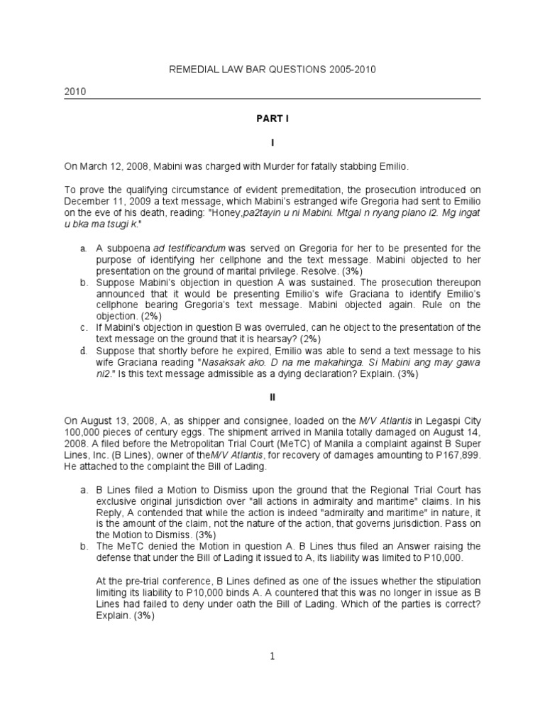 Remedial Law Bar Questions (0510) PDF Lawsuit Search Warrant