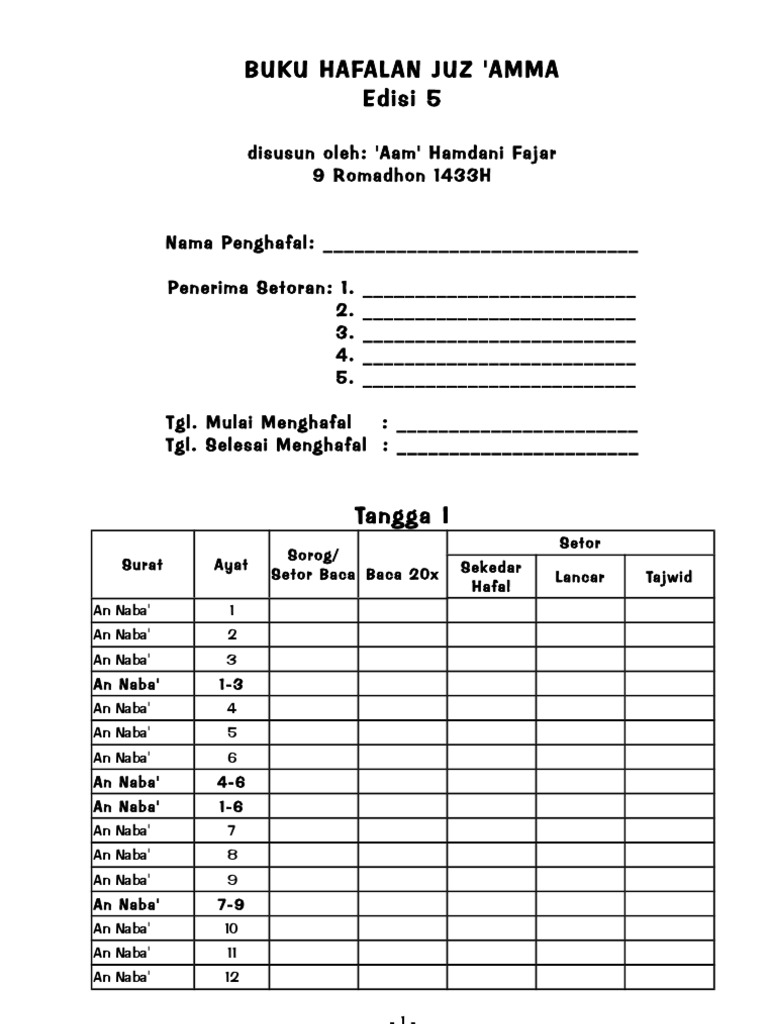 Contoh Buku Setoran Hafalan Juz Amma Berbagai Contoh