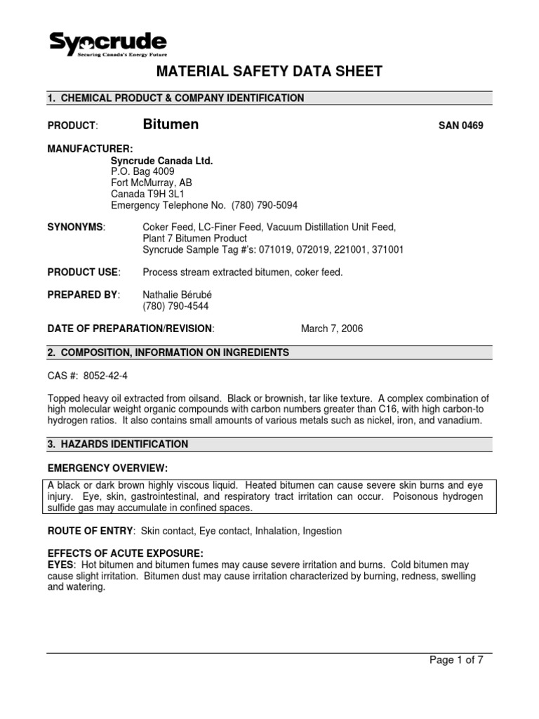Bitumen MSDS PDF Asphalt Firefighting