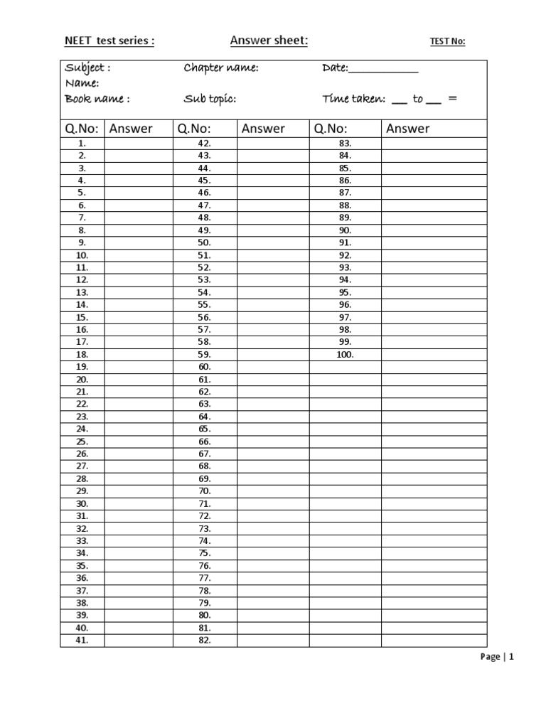 NEET Test Series Answer Sheet | PDF