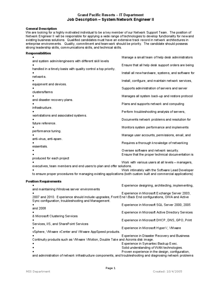 Network Engineer II Job Description | PDF | Help Desk | Computer Network