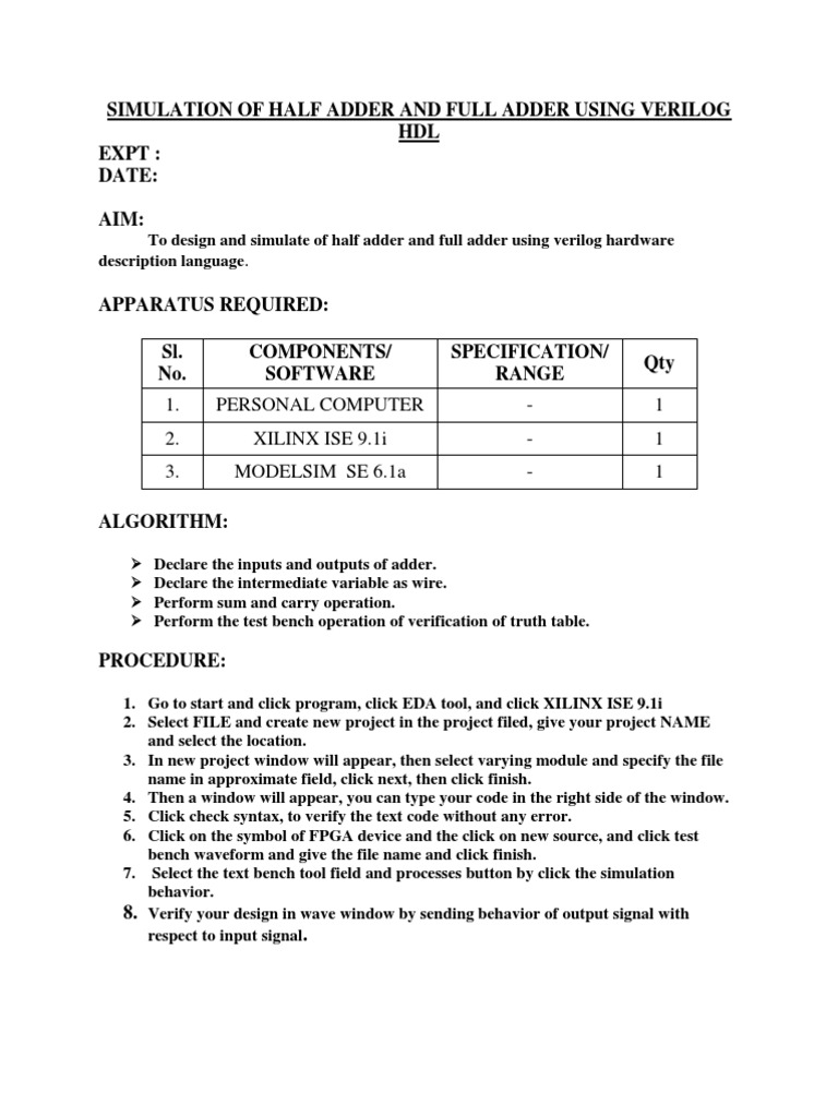 Half and Full Adder Simulation in Verilog | PDF | Hardware Description ...