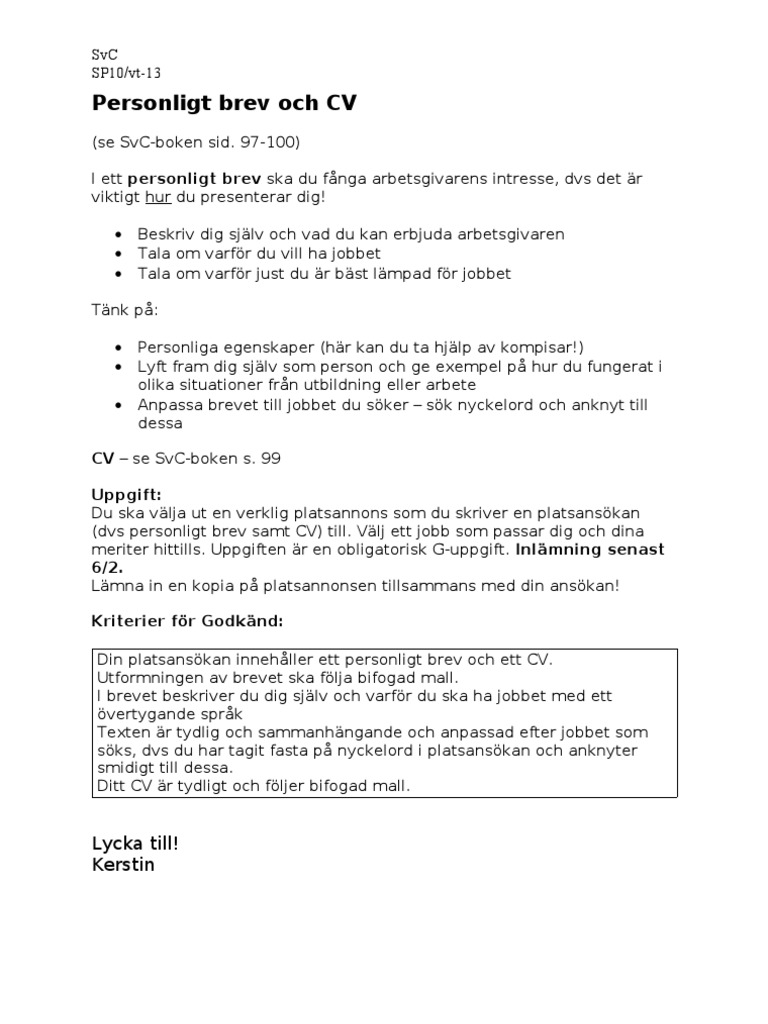 Personligt Brev Och Cv