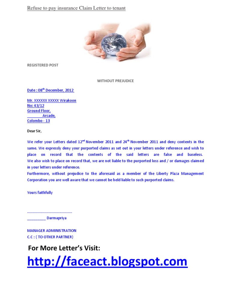 Refuse to pay insurance Claim Letter to tenant