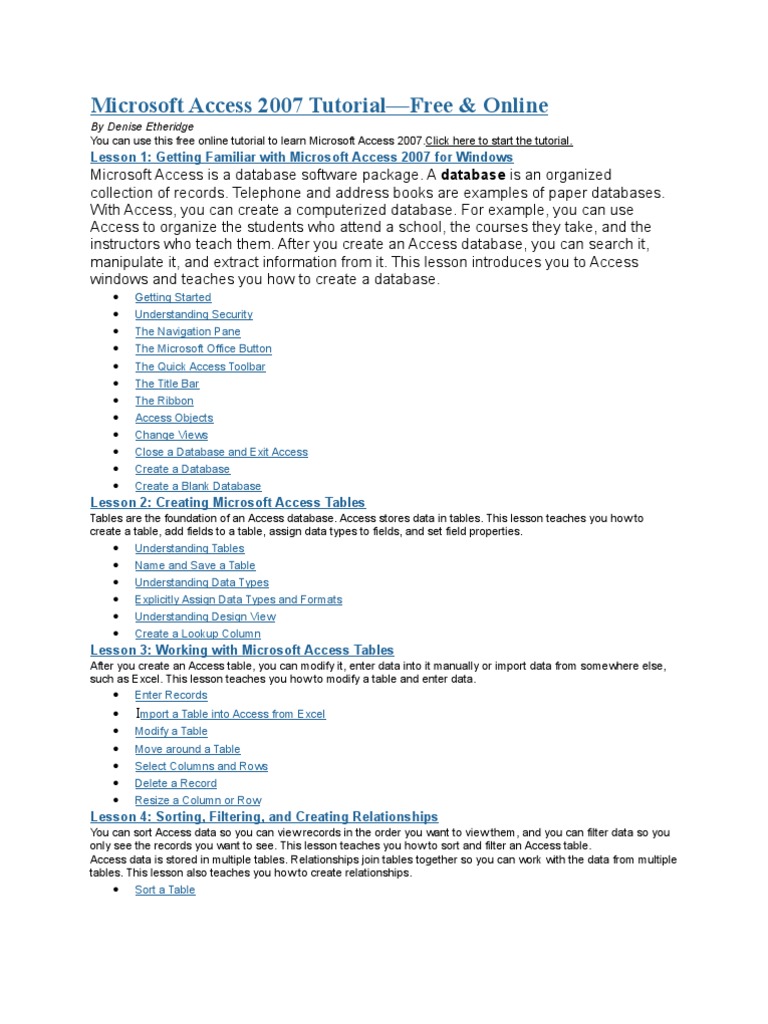 Microsoft Access 2007 Online Tutorial | PDF | Microsoft Access | Databases