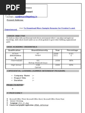 Resume Format download  for freshers