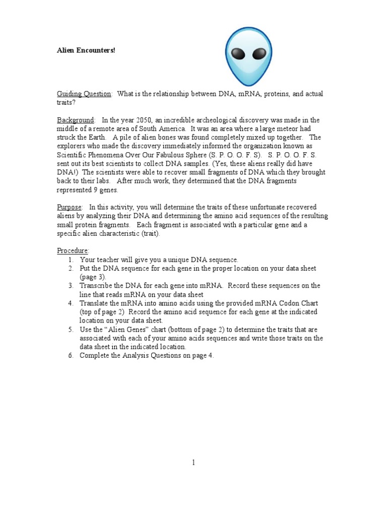 worksheet Alien Encounters Worksheet alien encounters translation biology gene