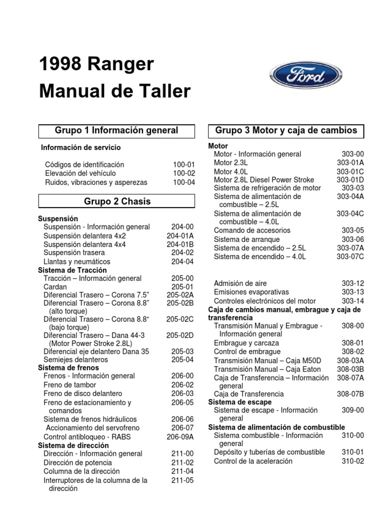 Manual Ford Ranger Español (9802) 2.3 2.5 2.8 4.0 PDF