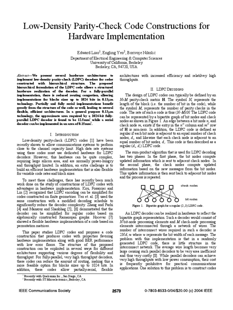 Low-Density Parity-Check Code Constructions For Hardware Implementation ...