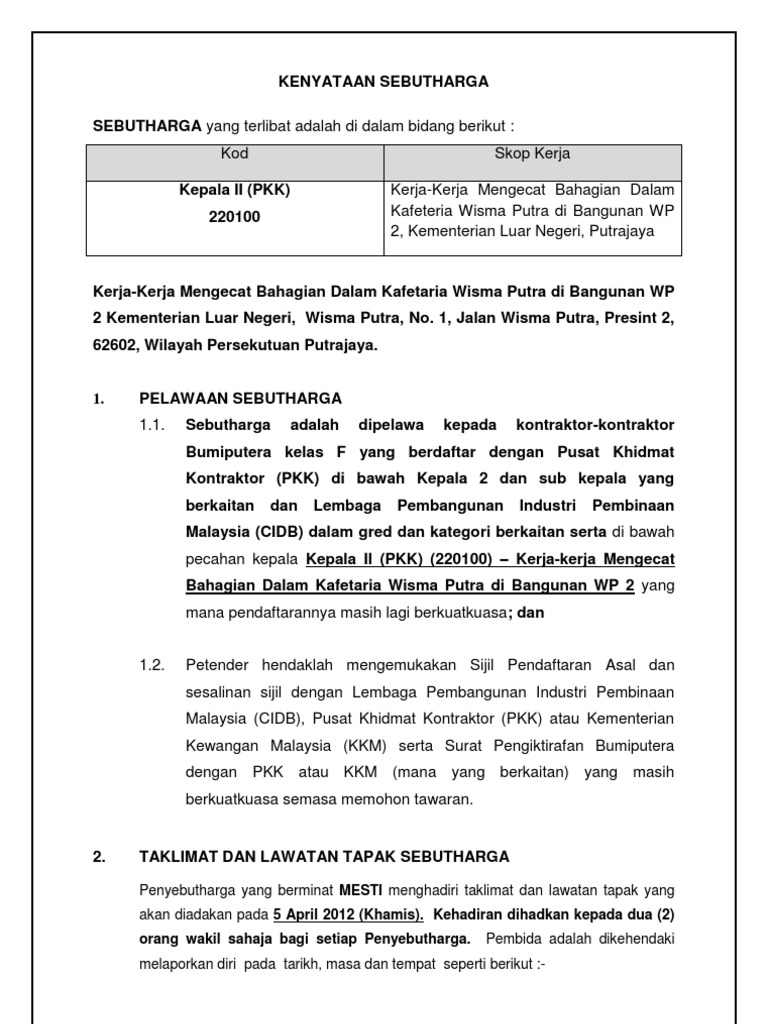 Contoh Surat Permohonan Syarikat Yang Memohon Kontraktor Utama