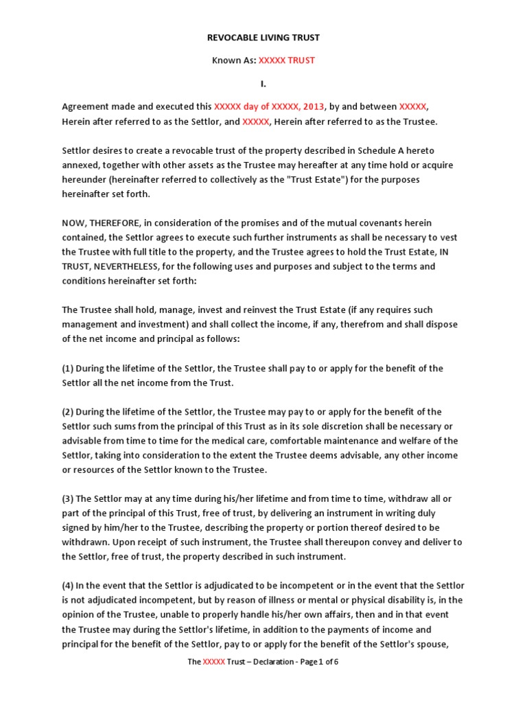 Revocable Living Trust Template Settlor Trust Law