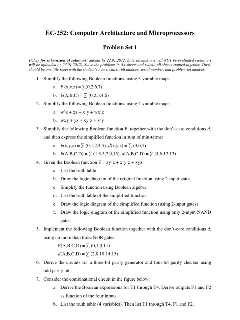 Computer Architecture Problem Set 1 | PDF | Boolean Algebra | Teaching ...