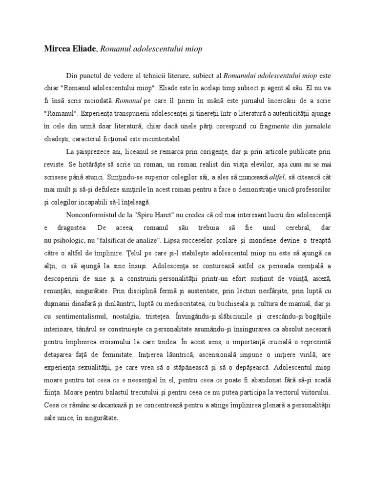Romanul Adolescentului Miop Fisa De Lectura Mircea Eliade, Romanul Adolescentului Miop | PDF