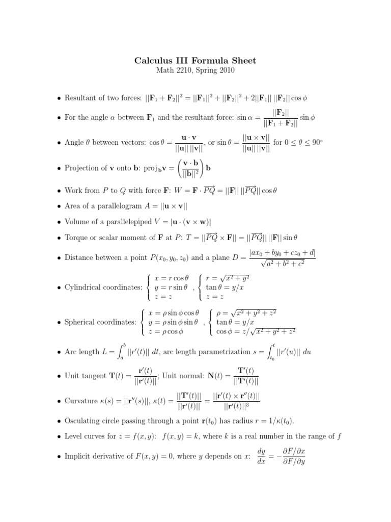 Calc 3 Cheat Sheet Pdf Mathematical Analysis Space