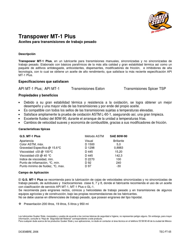 Lubricante Transpower MT-1 Plus | PDF | Lubricante | Materiales