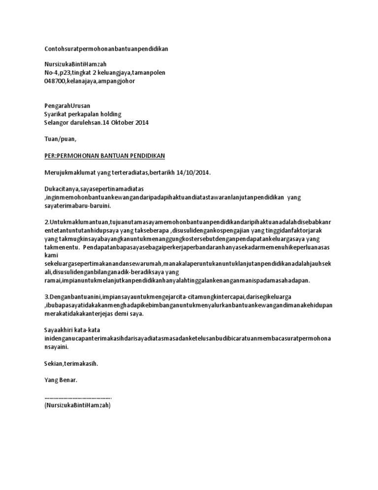 Contoh Surat Permohonan Bantuan Pendidikan Doc Isabellethomas