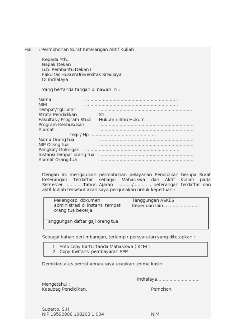 Contoh Format Surat Keterangan Aktif Kuliah
