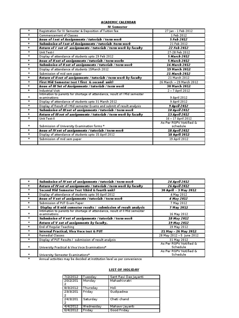 Academic Calendar IV Semester As Per RGPV Notified & Schedule PDF