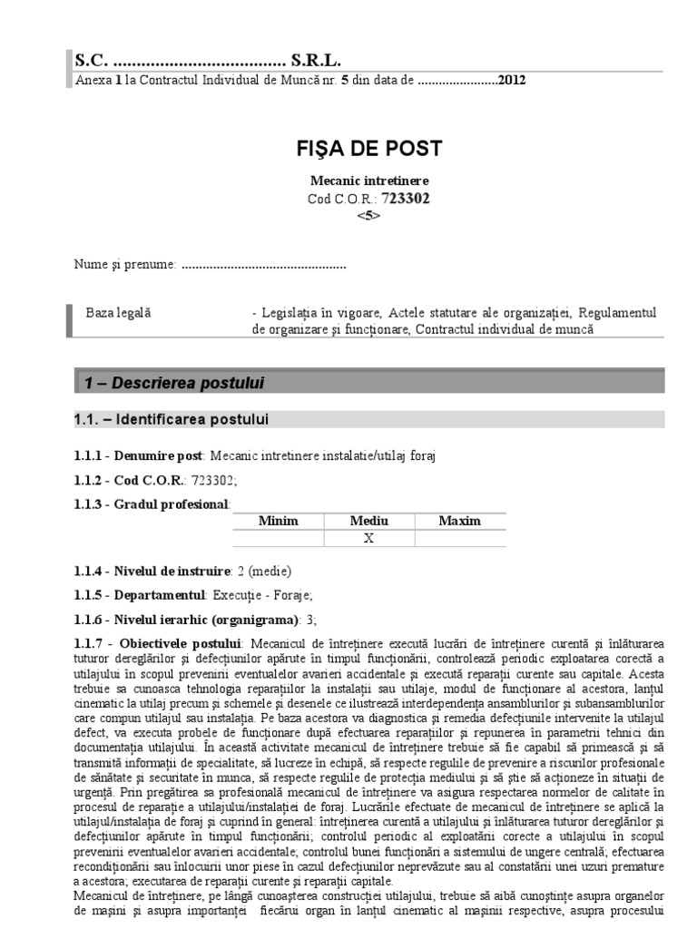 Fisa de Post Mecanic Intretinere | PDF