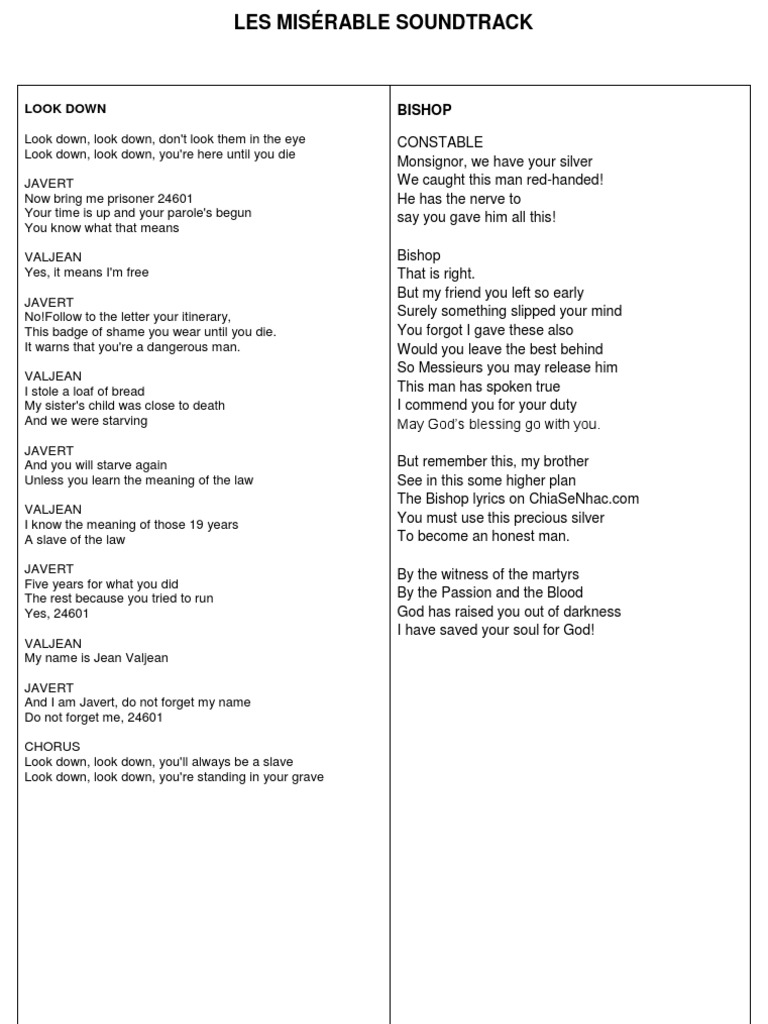 Les Miserable Lyrics Les Miserables Religion And Belief scribd