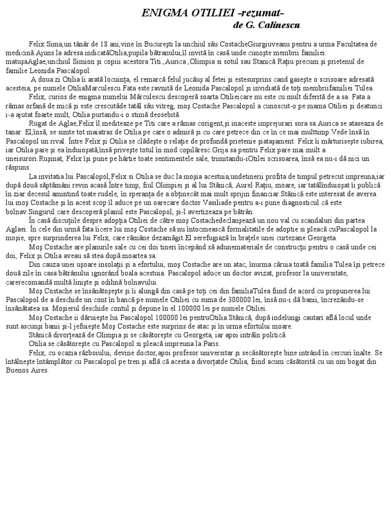Enigma Otiliei Rezumat