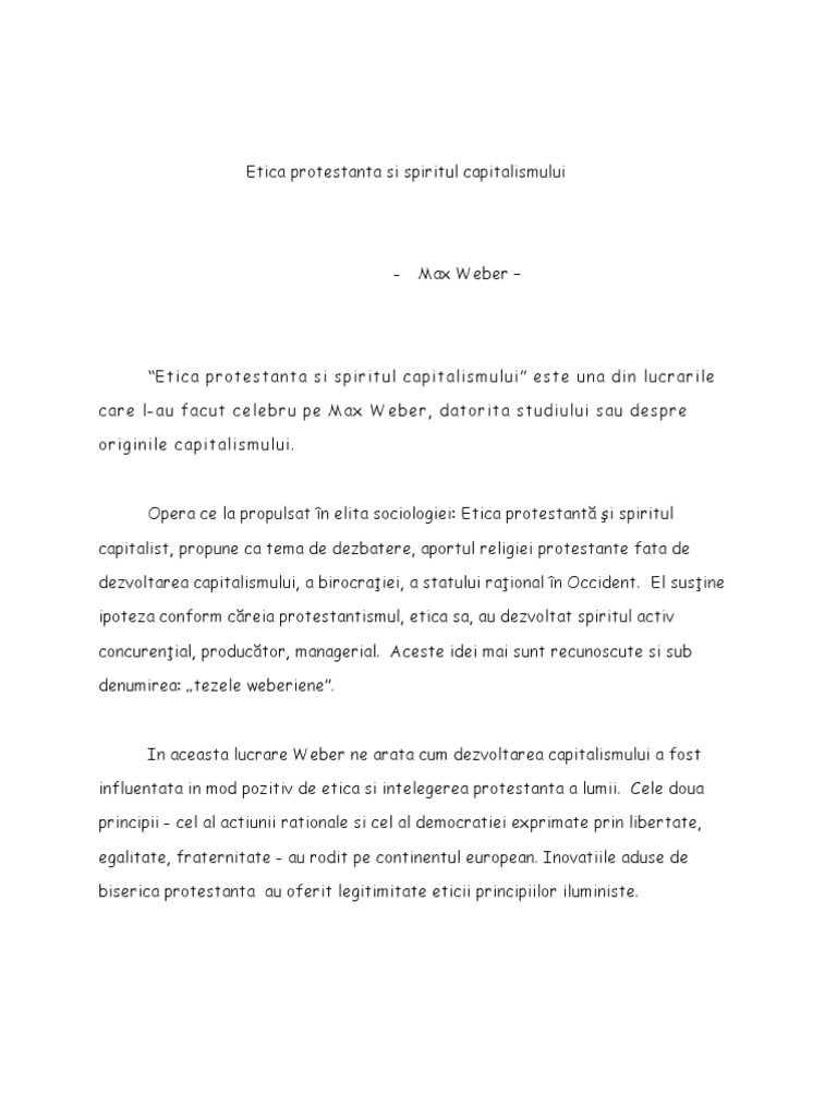 Etica Protestanta Si Spiritul Capitalismului Max Weber