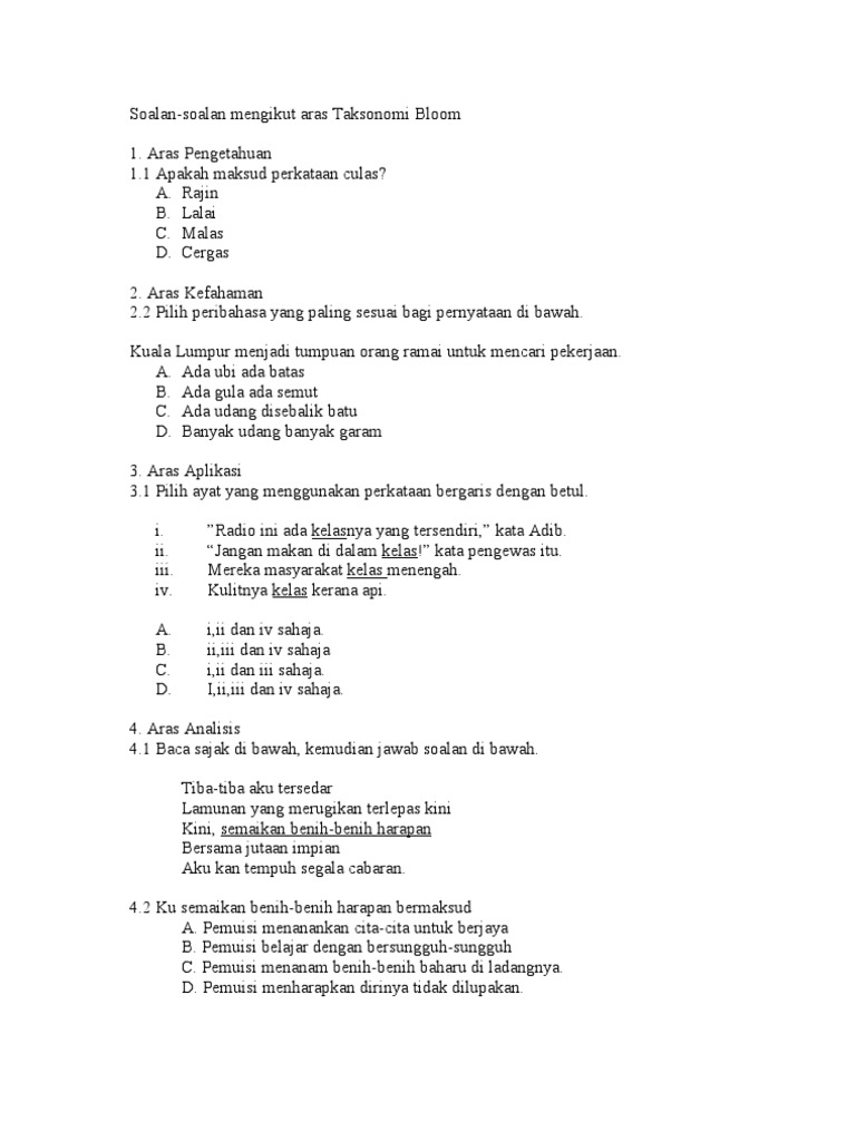 Soalan Berkaitan Taksonomi Bloom Pdf