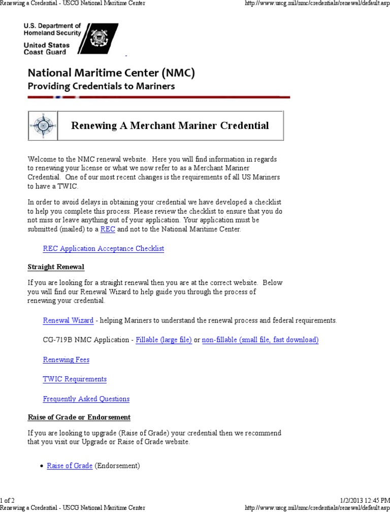 National Maritime Center (NMC) Renewing A Merchant Mariner Credential