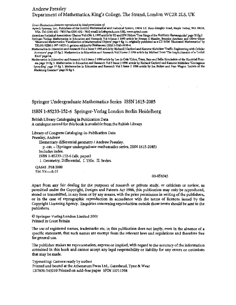Andrew Pressley Elementary Differential Geometry Edition 1 PDF