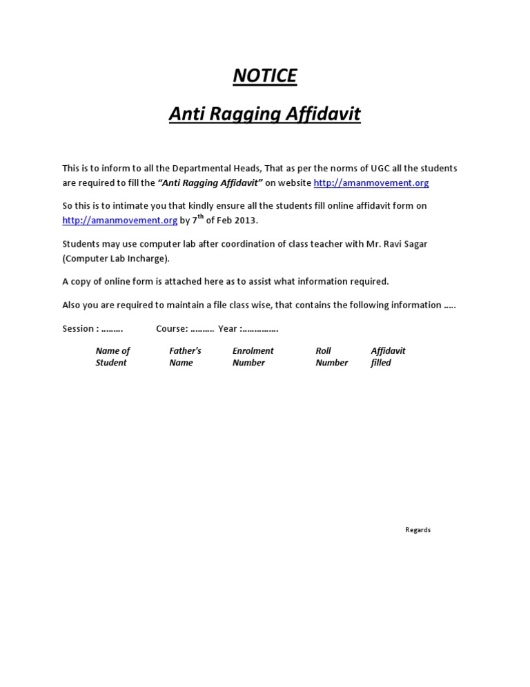 Anti Ragging Affidavit Submission Notice | PDF