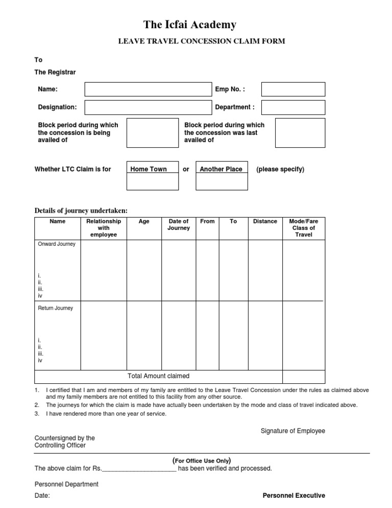 Leave Travel Concession Claim Form PDF